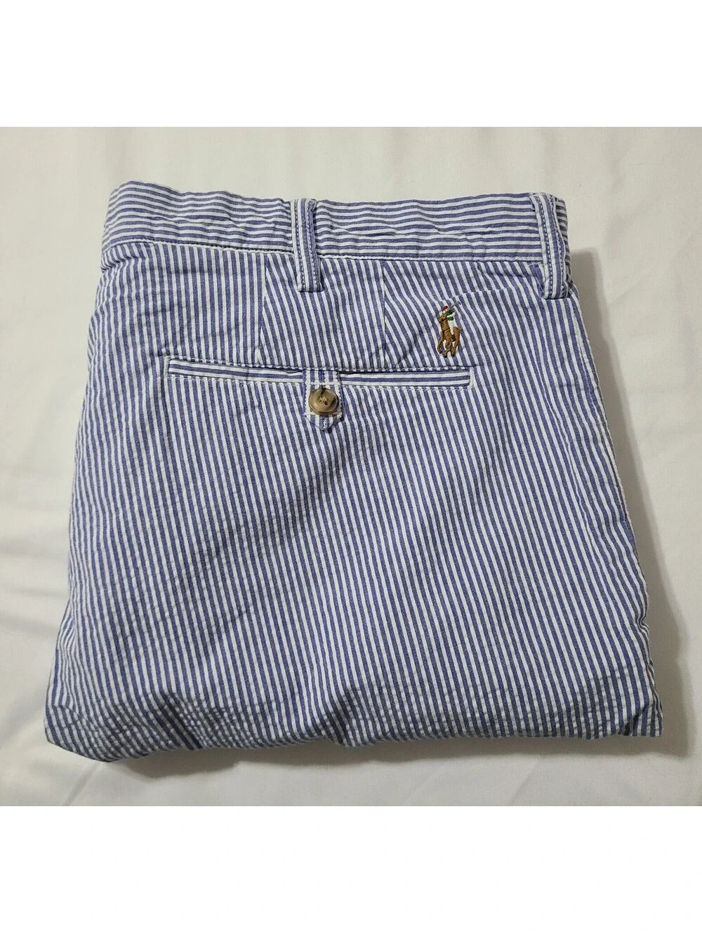 Polo Ralph Lauren Seersucker Shorts Mens Size 34 Blue White Chino Summer Coastal